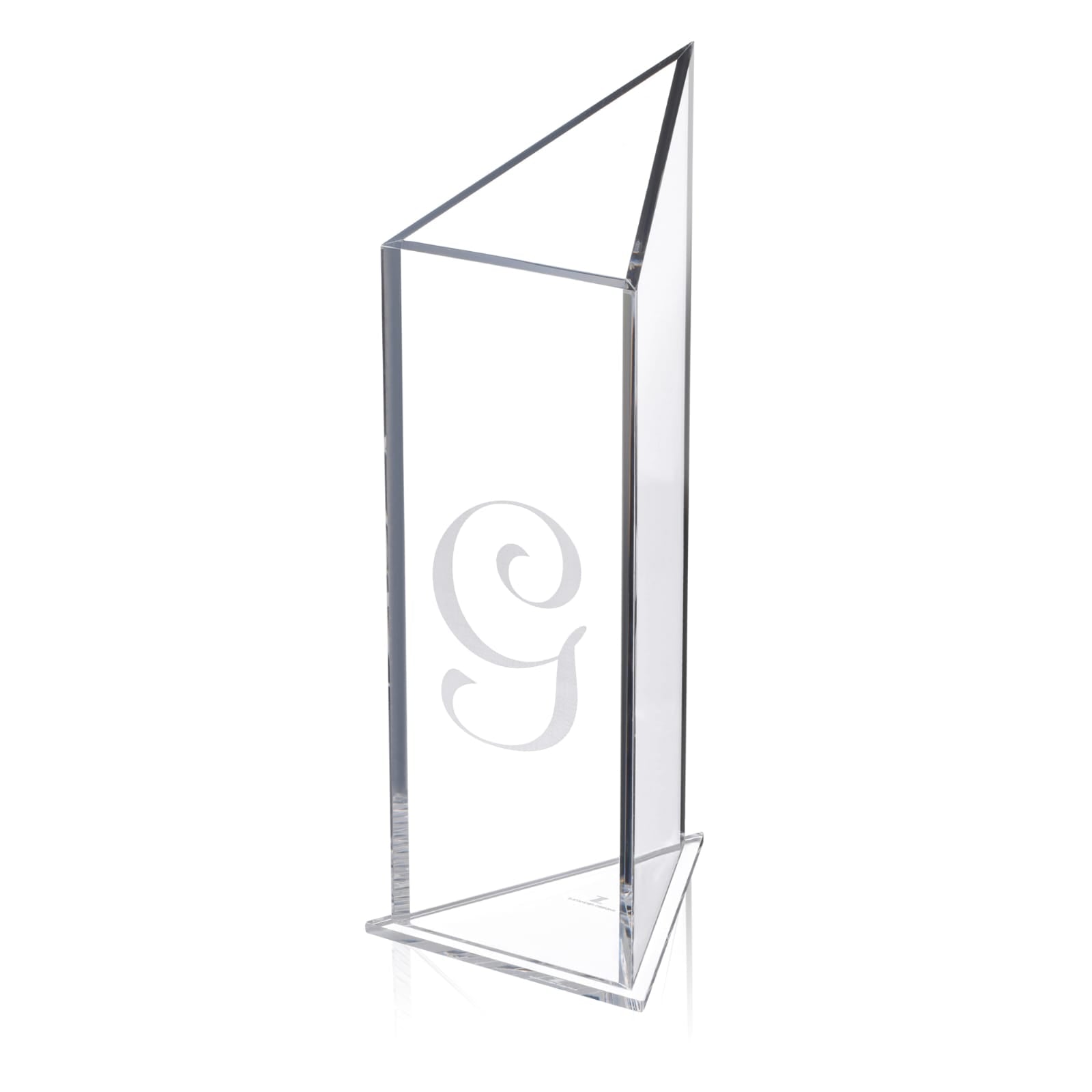 A clear, triangular-shaped decanter with a custom engraving on the front side, standing on a solid surface - Zstander