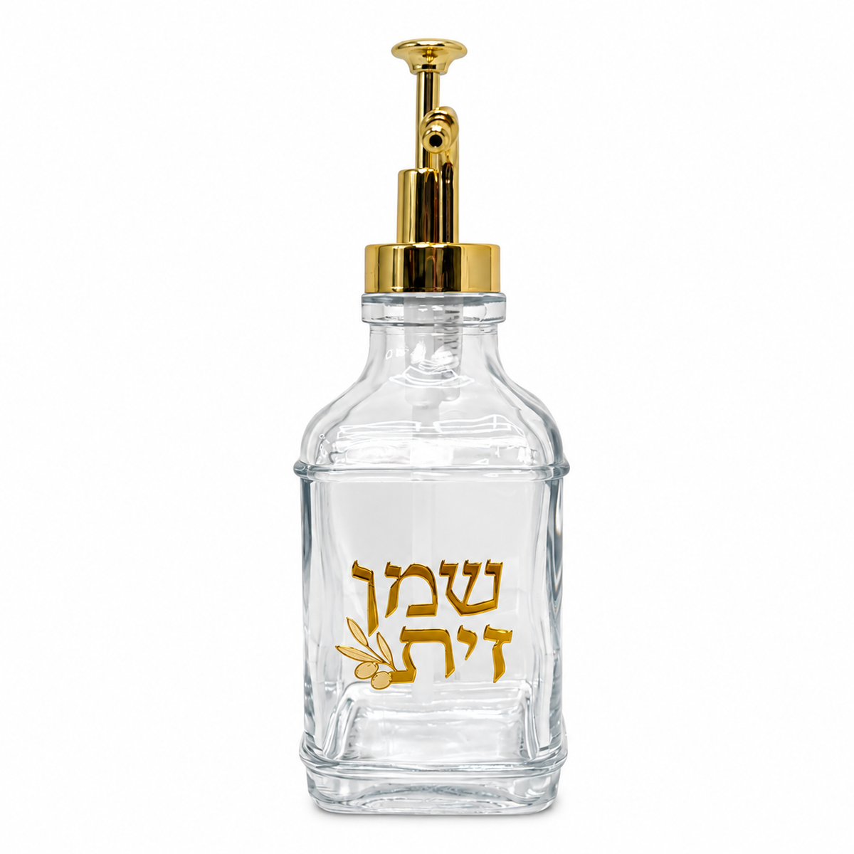 Front view of a chanukah glass oil jug on a white background