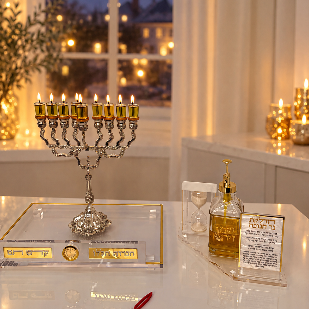 3 piece chanukah set displayed in a chanukah scene, 