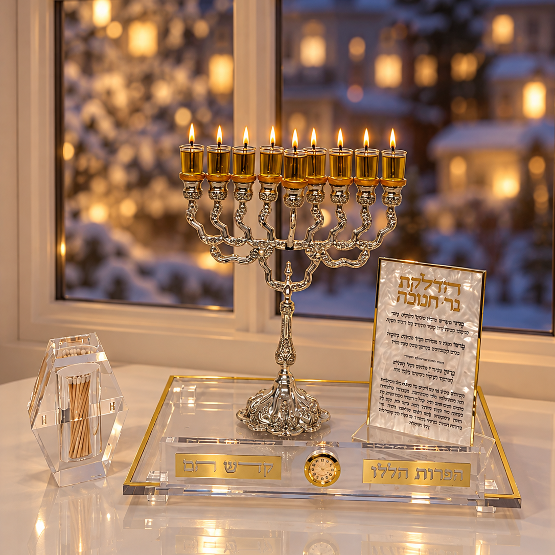 Chanukah Display set up on a table in front of a window. 