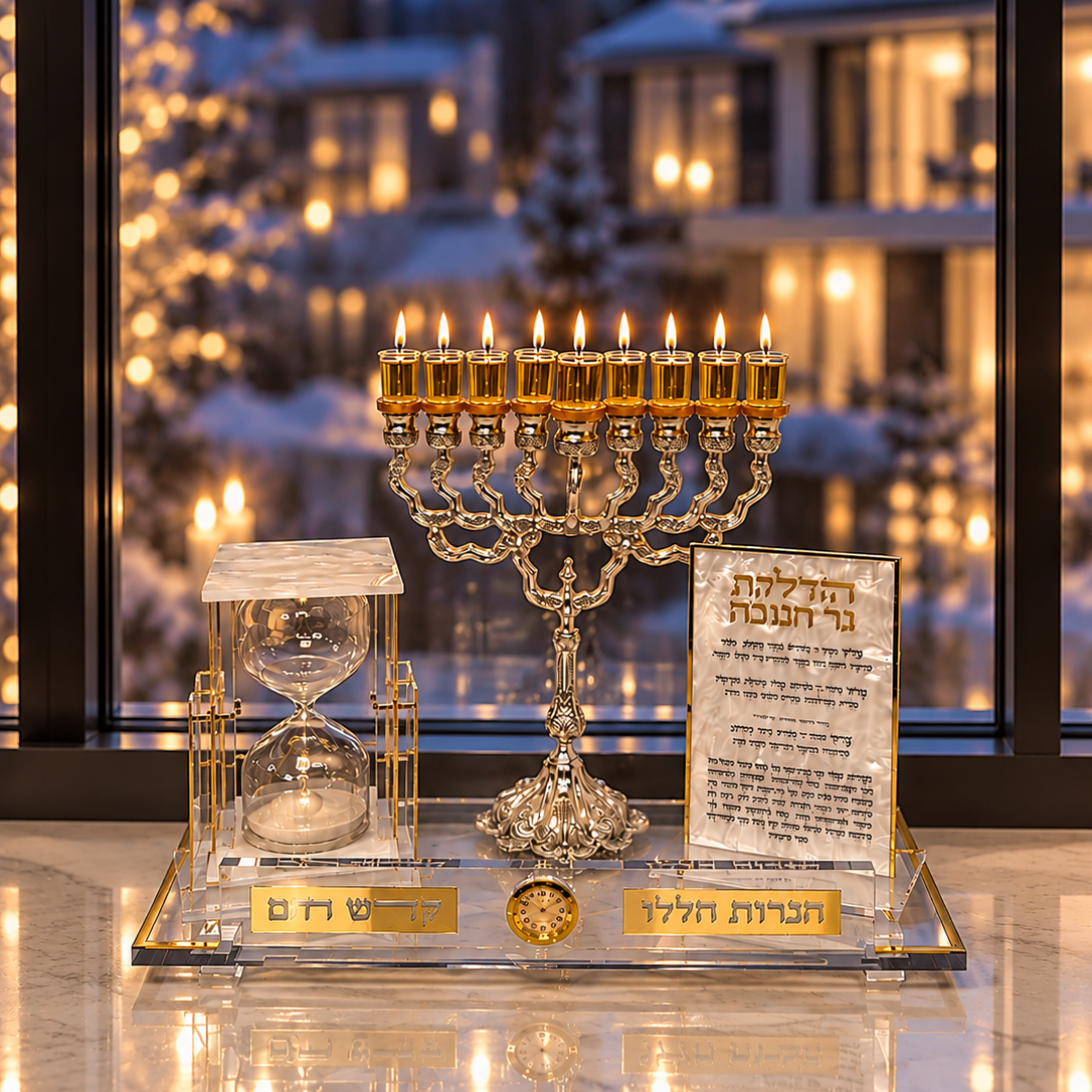 Chanukah sand timer set on a tray with a menorah in front of a large window.