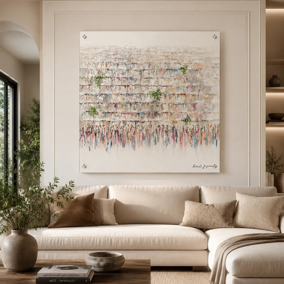 Modern living room with a large western wall abstract painting on the wall above a beige sofa - Zstander