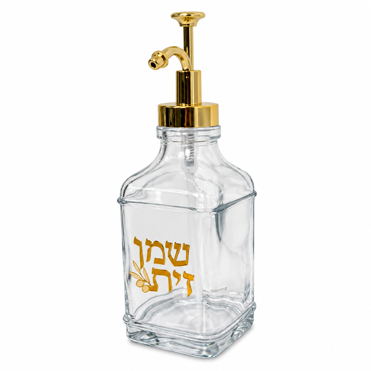 Chanukah Glass oil jug on a side angle on a white background.