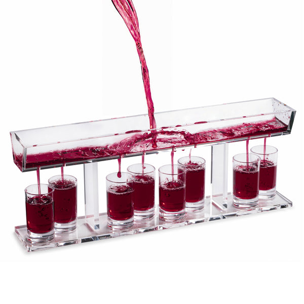 A clear acrylic wine glass fountain with red wine flowing into eight individual glasses, designed for use during Shabbos - Zstander