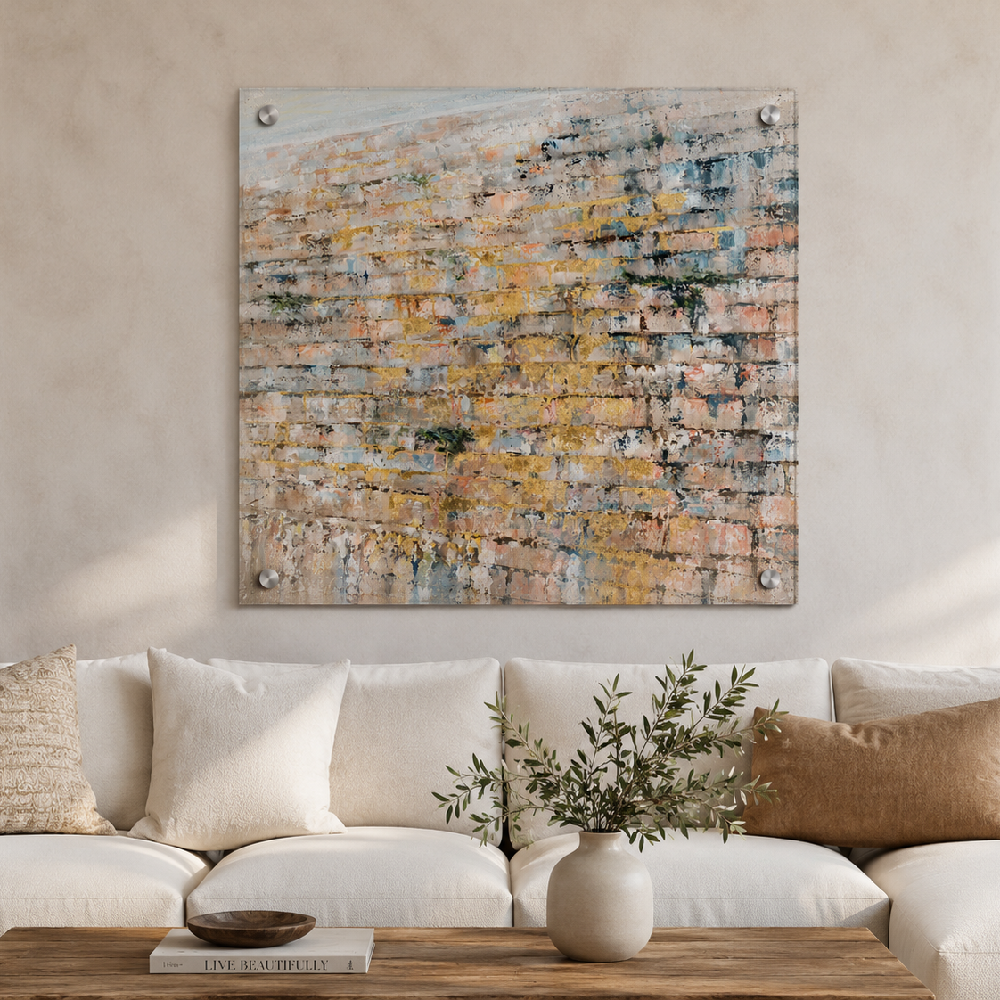 Living room with a white sofa, wooden coffee table, and abstract wall art - Zstander