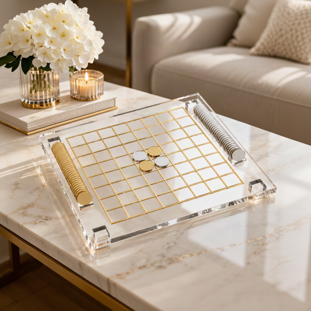 lucite othello game on a coffee table near a couch. 