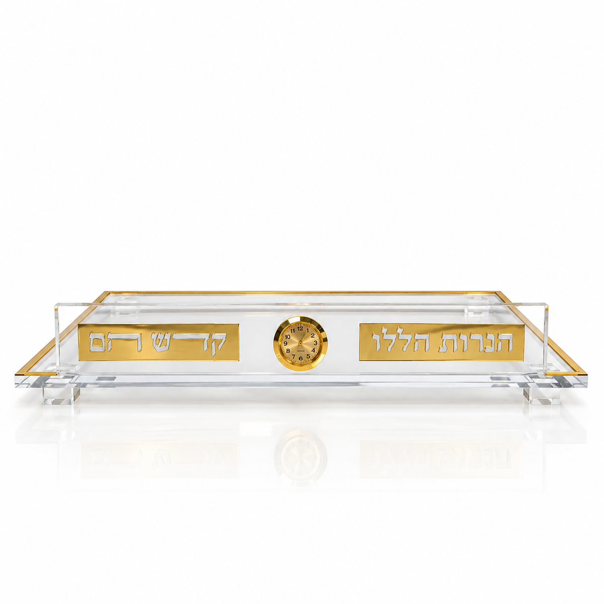 Font view of chanukah menorah tray with clock on a white background