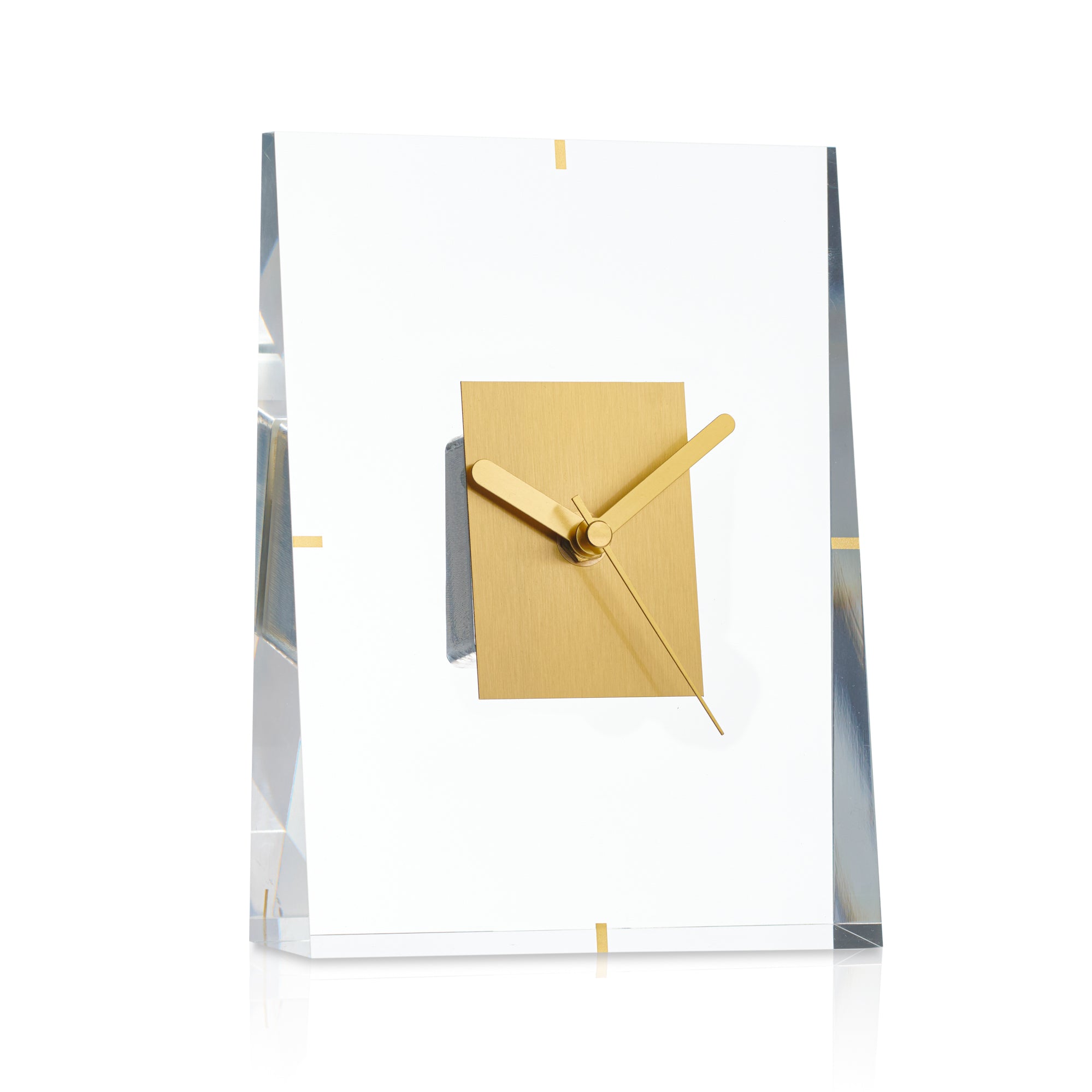 Gold clock with a clear acrylic base on a white background - Zstander