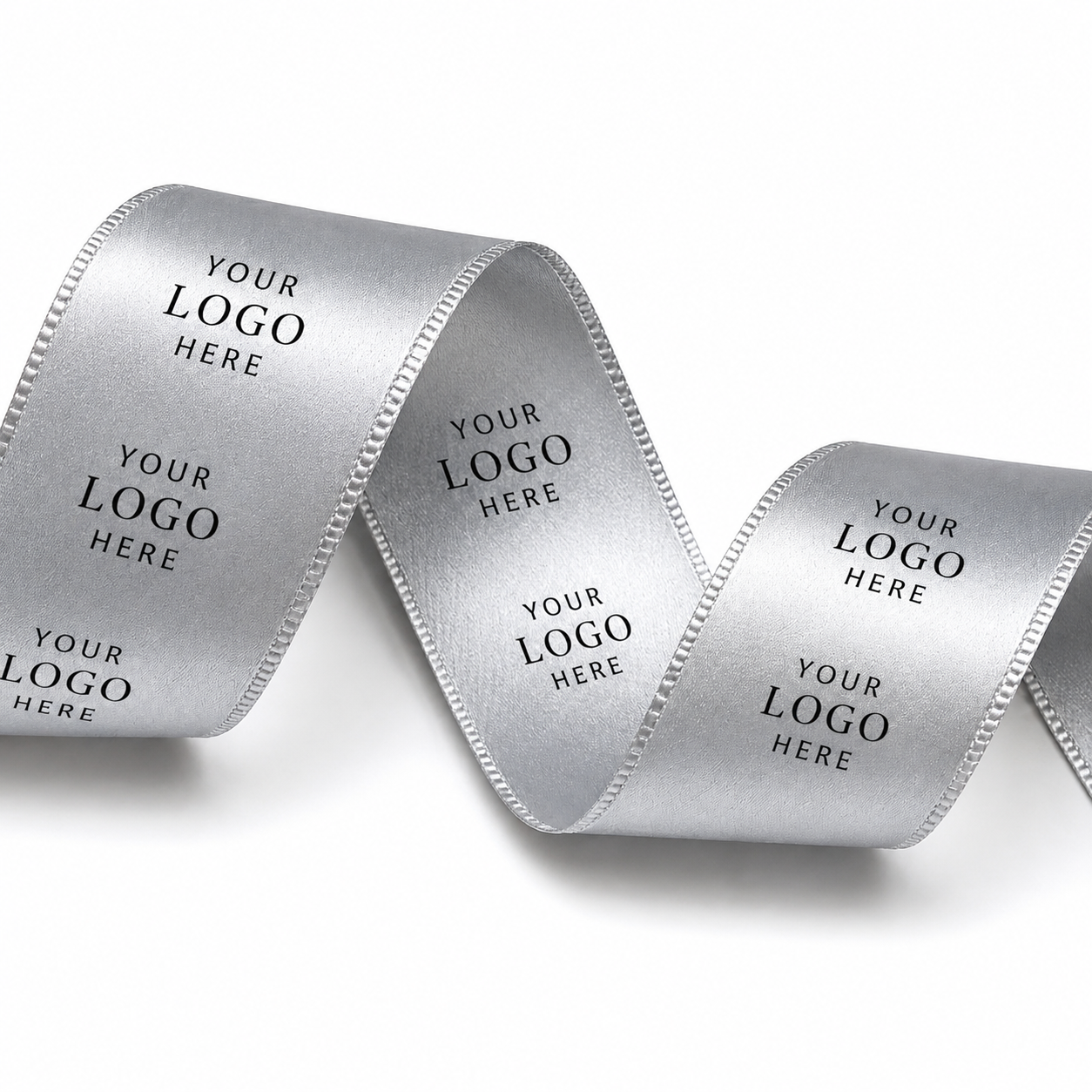 A silver satin ribbon with a serrated edge, shown in a flowing loop on a white background. The ribbon is printed repeatedly with the placeholder text 'YOUR LOGO HERE' in black.