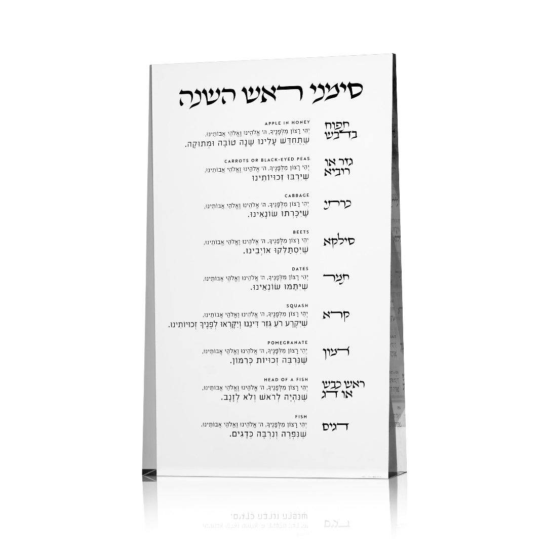 Acrylic simanim plaque with Hebrew text on a white background - Zstander