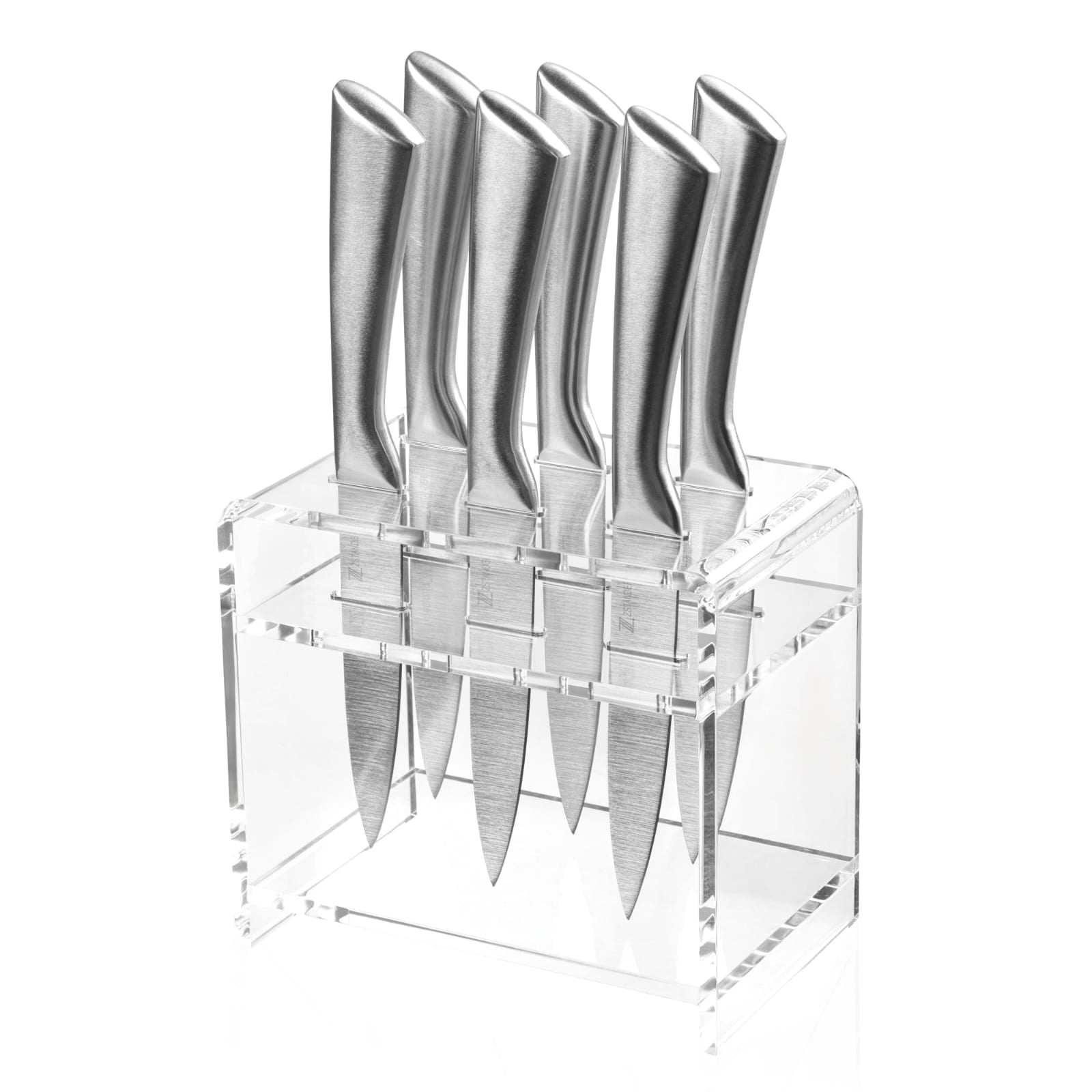 Set of five knives in a clear acrylic block on a white background - Zstander