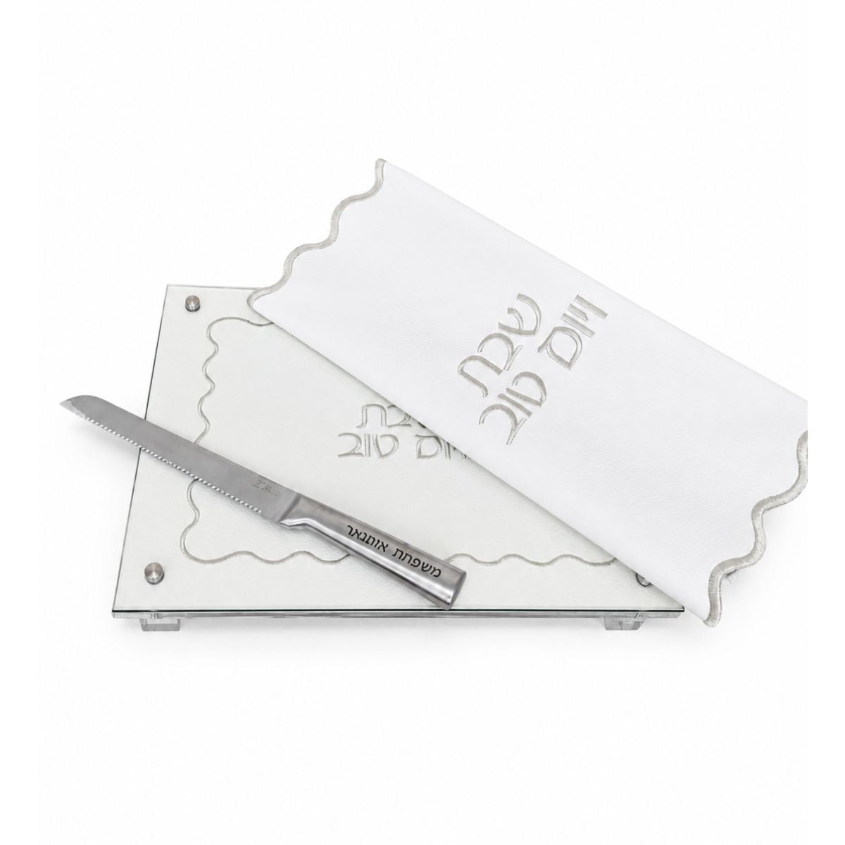 Stainless Steel knife on a challah board on a white background - Zstander