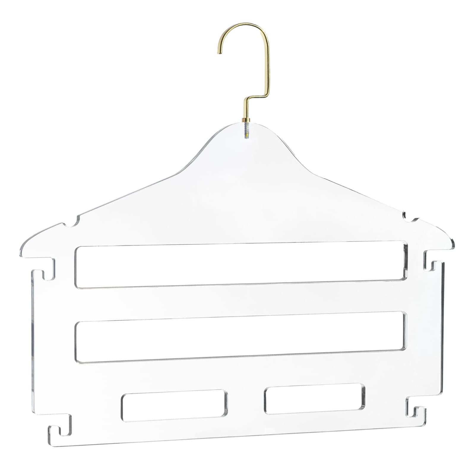 Clear lucite tie hanger with gold hook on a white background - Zstander