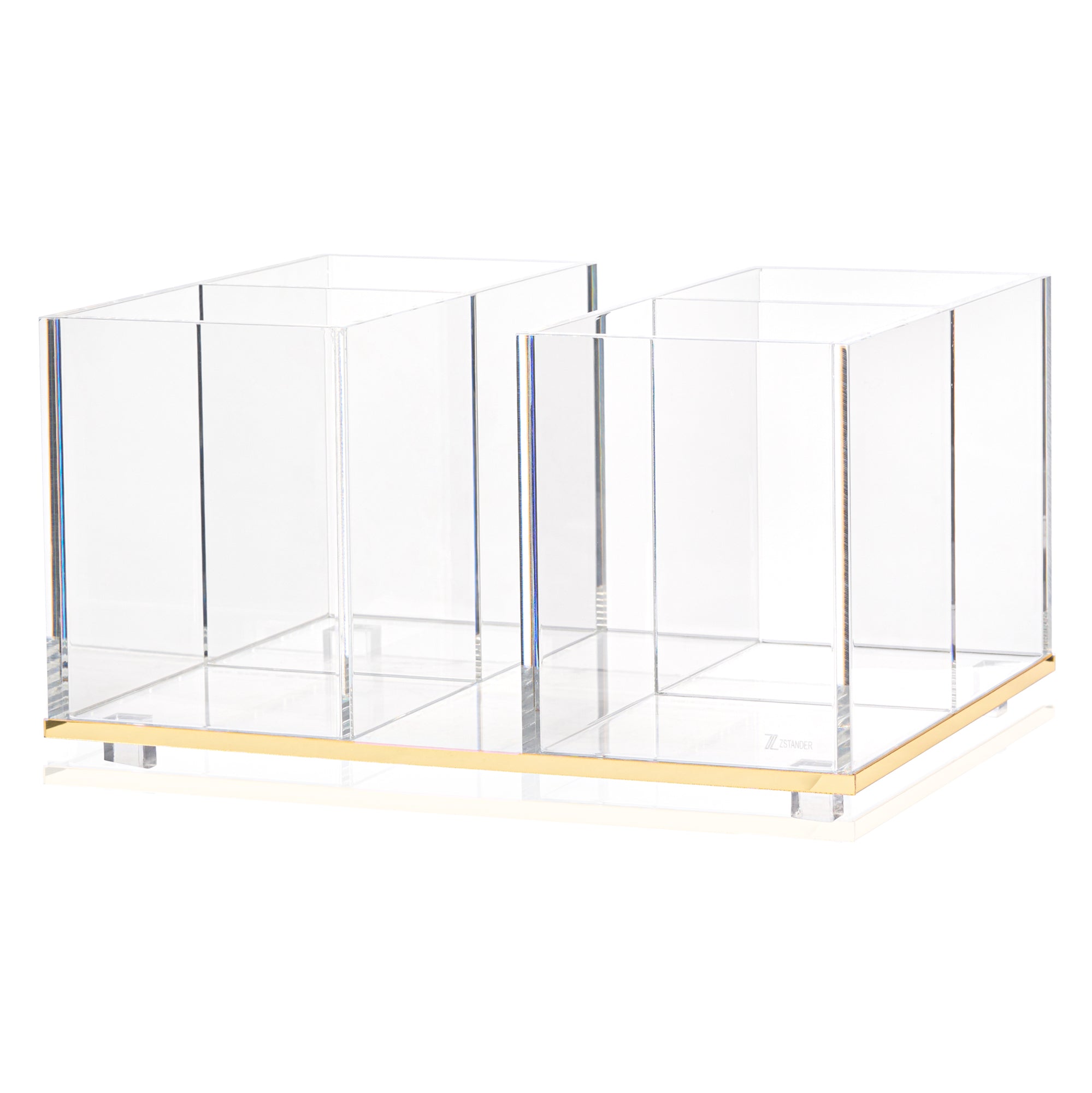 Clear acrylic cutlery organizer with gold base on a white background - Zstander