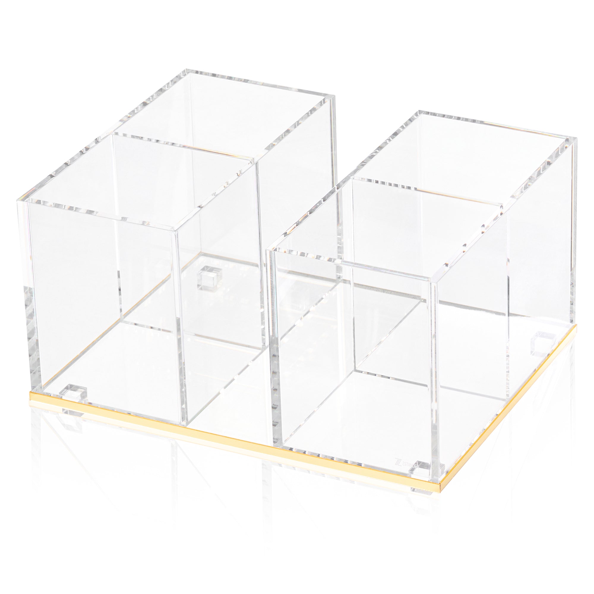 top view of Clear acrylic cutlery organizer with gold base on a white background - Zstander