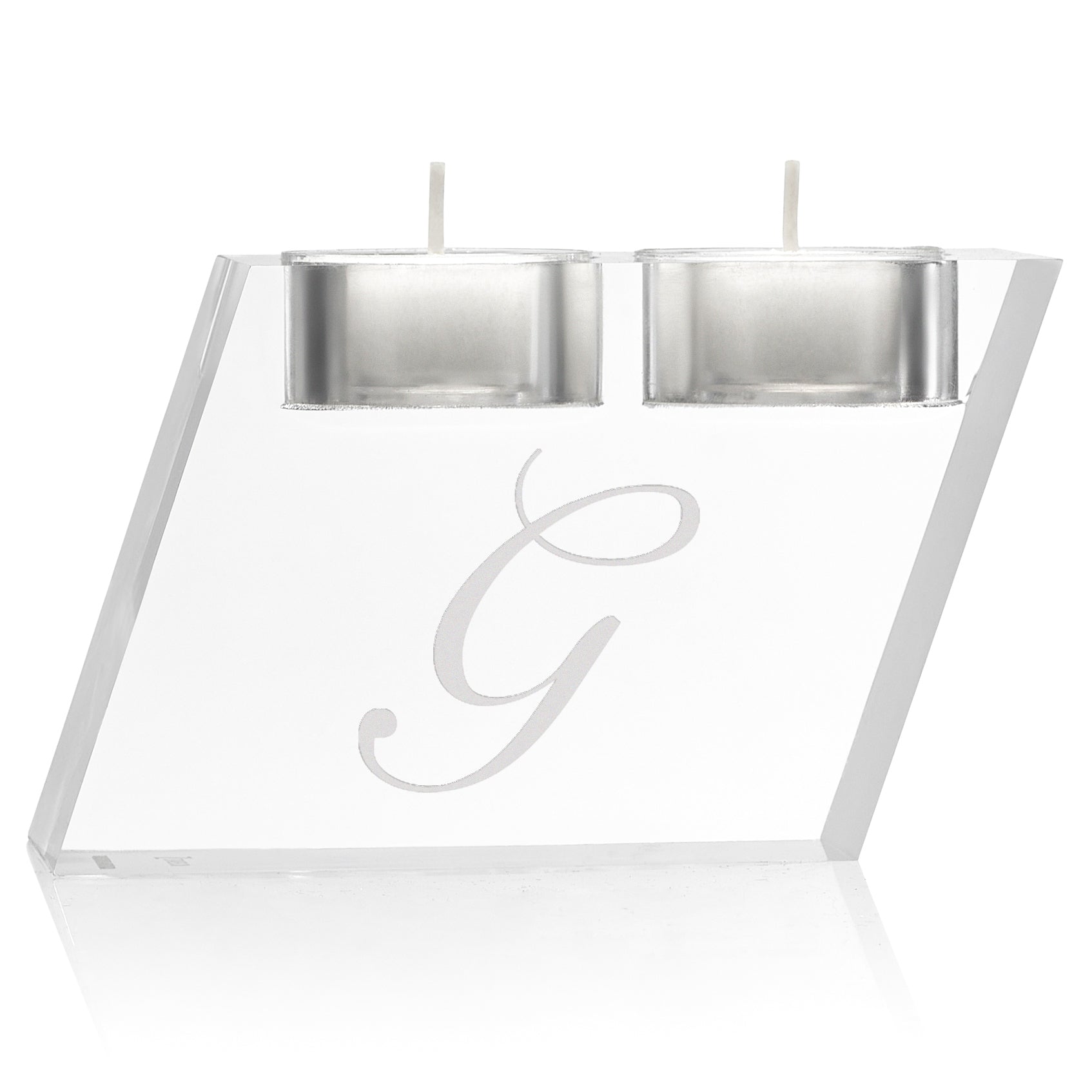 A clear acrylic candlestick holder with a personalized engraving, designed for holding tea lights - Zstander