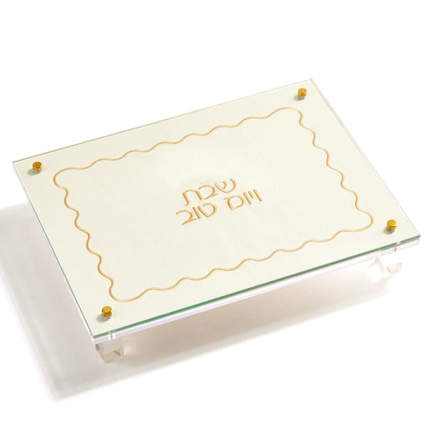 Clear acrylic challah board with gold text on a white background - Zstander