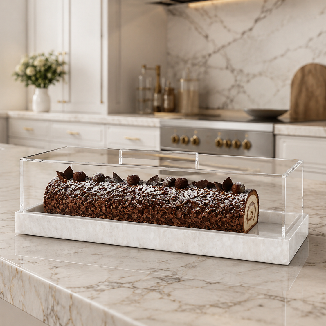 Chocolate cake roll in a cake tray on a marble countertop in a kitchen - Zstander