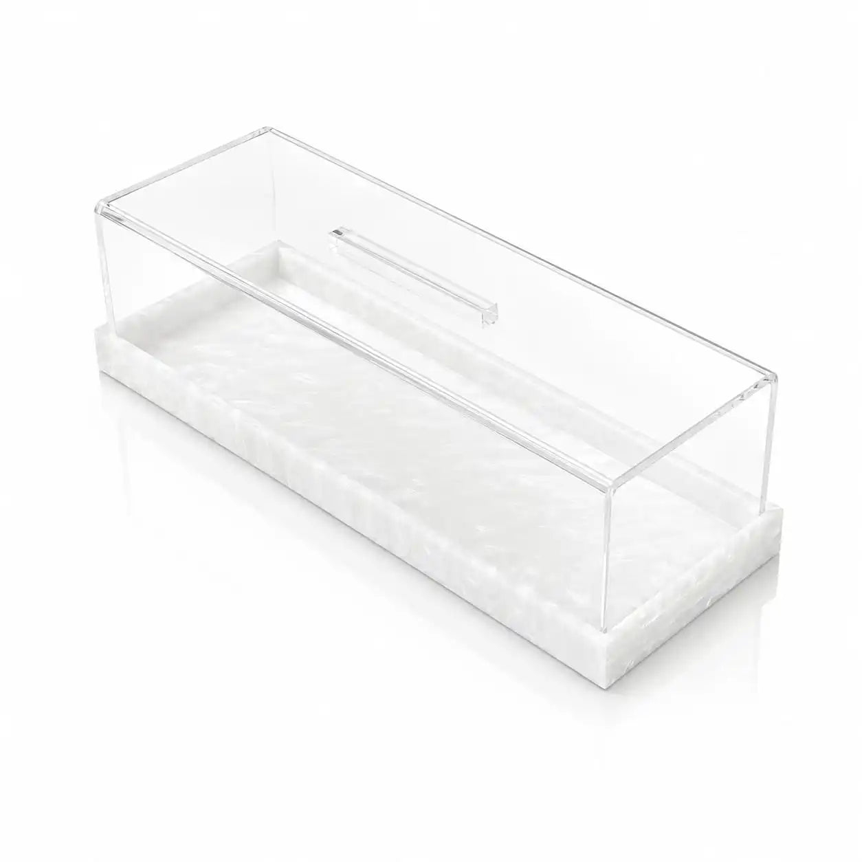 Clear lucite cake dome a pearl marble base on a white background - zstander