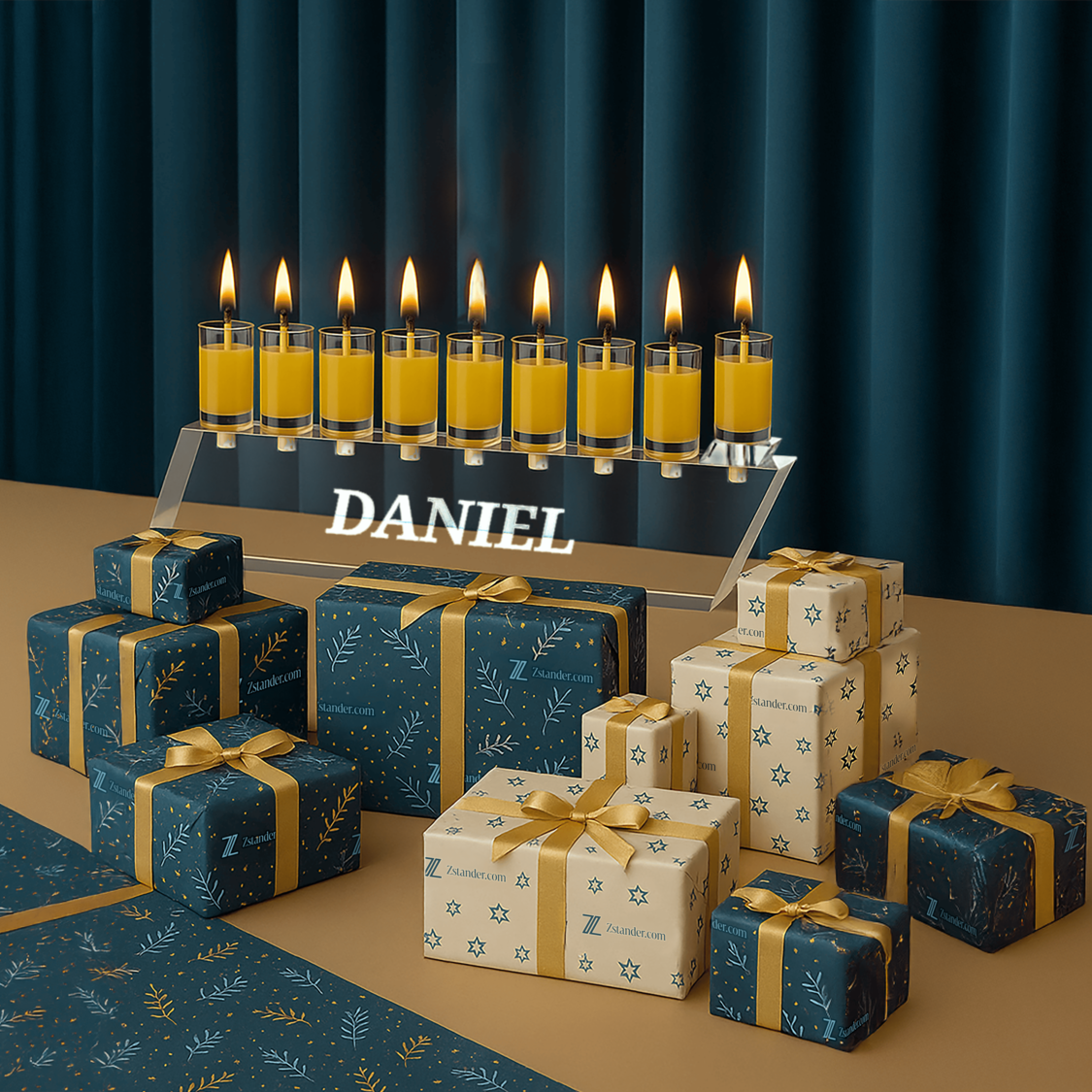Lucite menorah with lit candles and wrapped presents on a blue and brown surface.