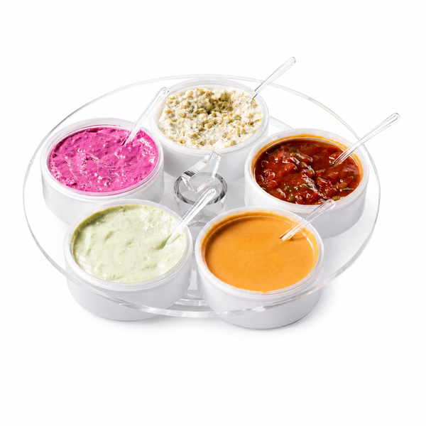 Set of 5 small bowls with different colored dips on a white background - Zstander