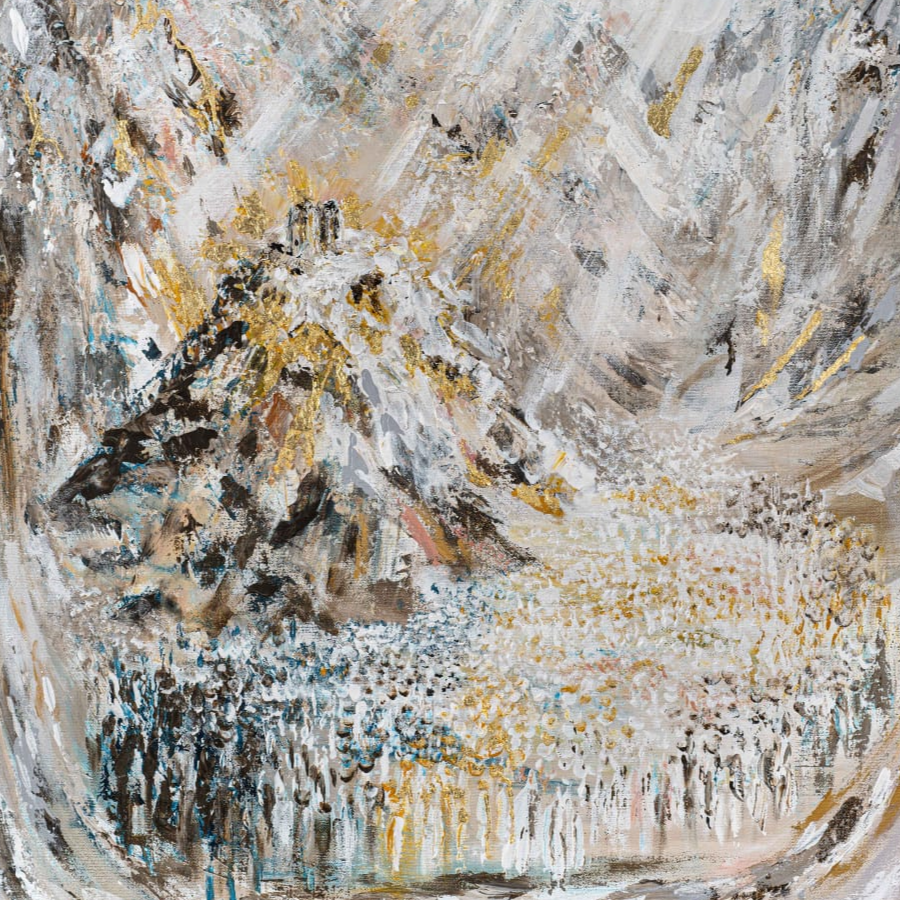 Abstract Har Sinai with textured brushstrokes in brown, beige, and gold tones - Zstander