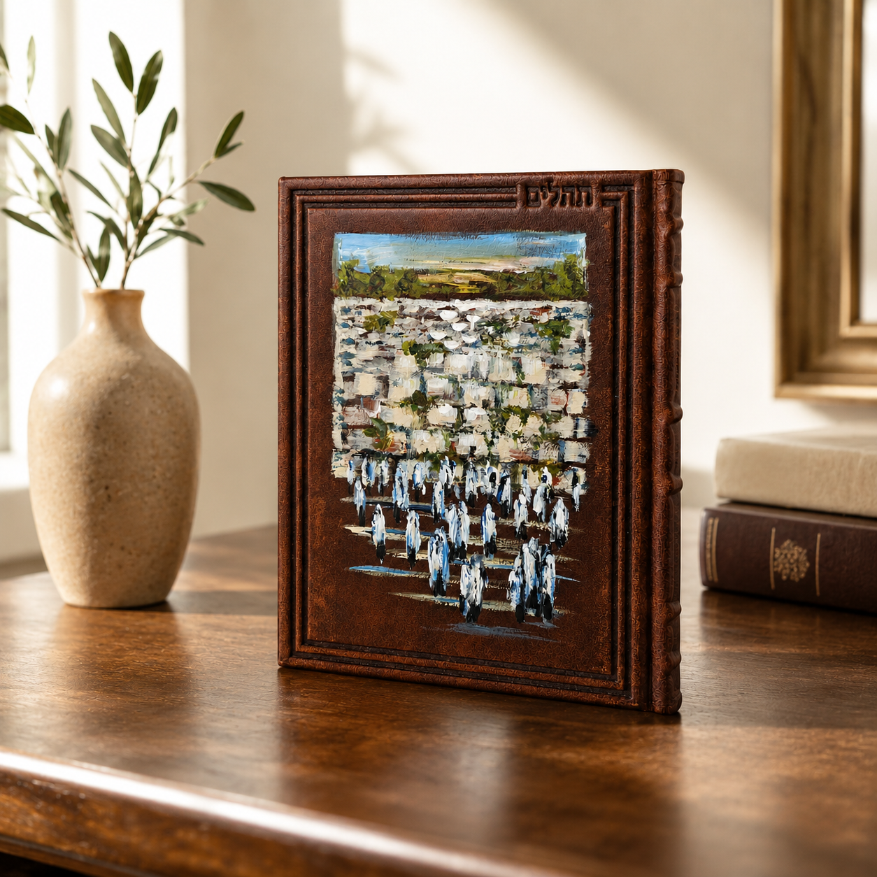 leather bound hand painted tehillim displayed on a desk  Zstander