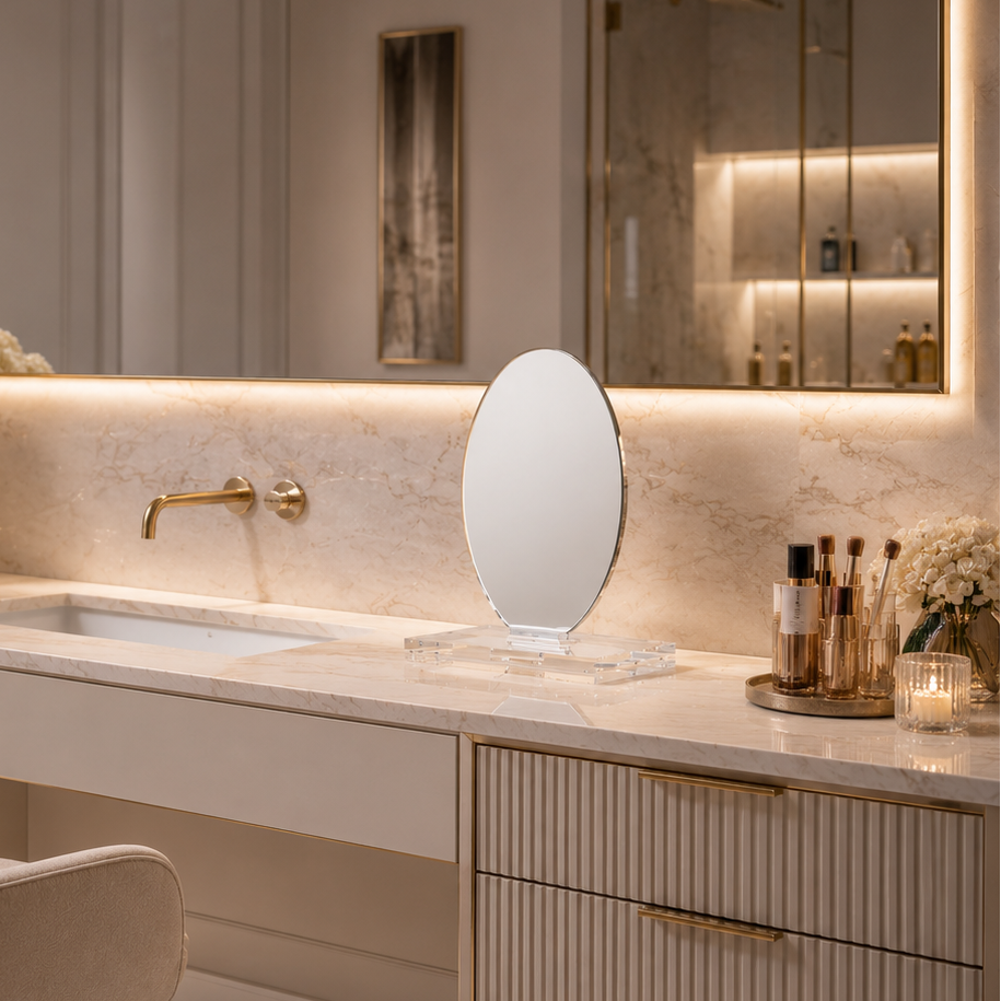Luxurious bathroom with marble countertop, sink, and decorative elements - zstander