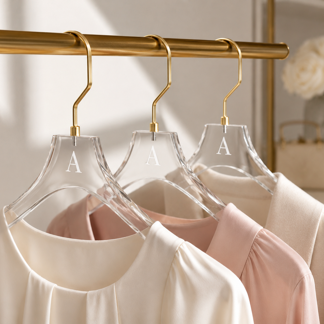 Monogrammed Lucite hangers wit the letter A in a closet. 