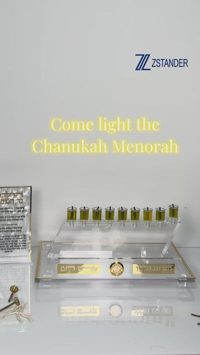 Lighting the oil cups on the zstander lucite menorah