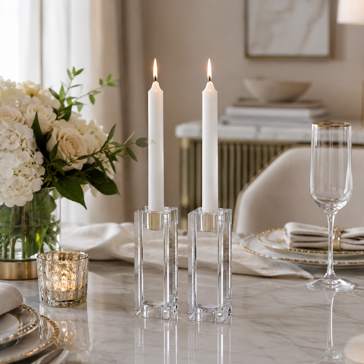 2 lit candles in glass candlesticks on a set table - Zstander 