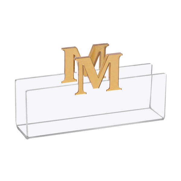 Clear acrylic napkin holder with gold letter 'M' on a white background - Zstander