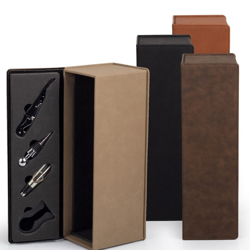 Set of wine bottle stoppers in a black, brown, and beige box on a white background - Zstander