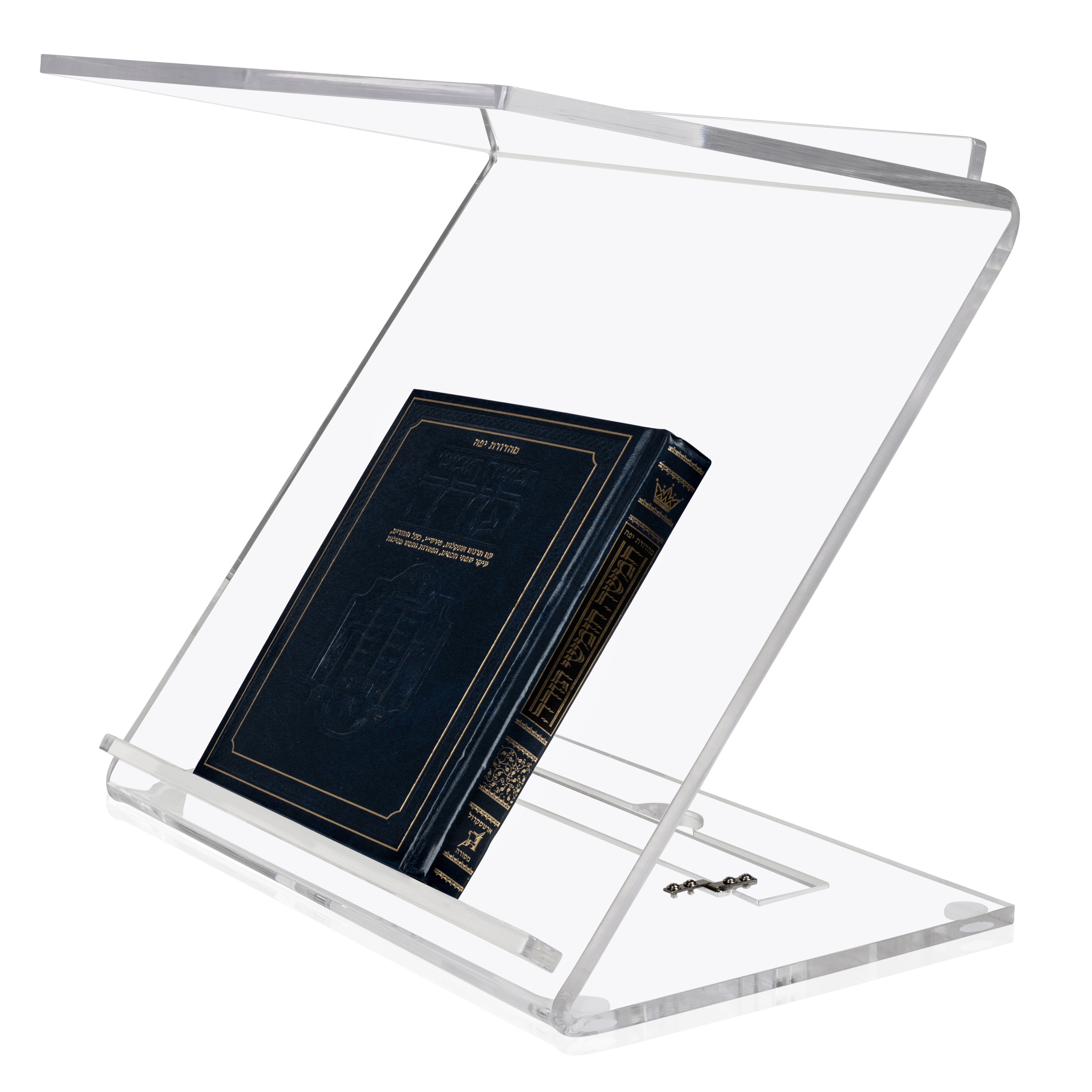 Clear Lucite Shtender with open sefer in back storage position on a white background - Zstander