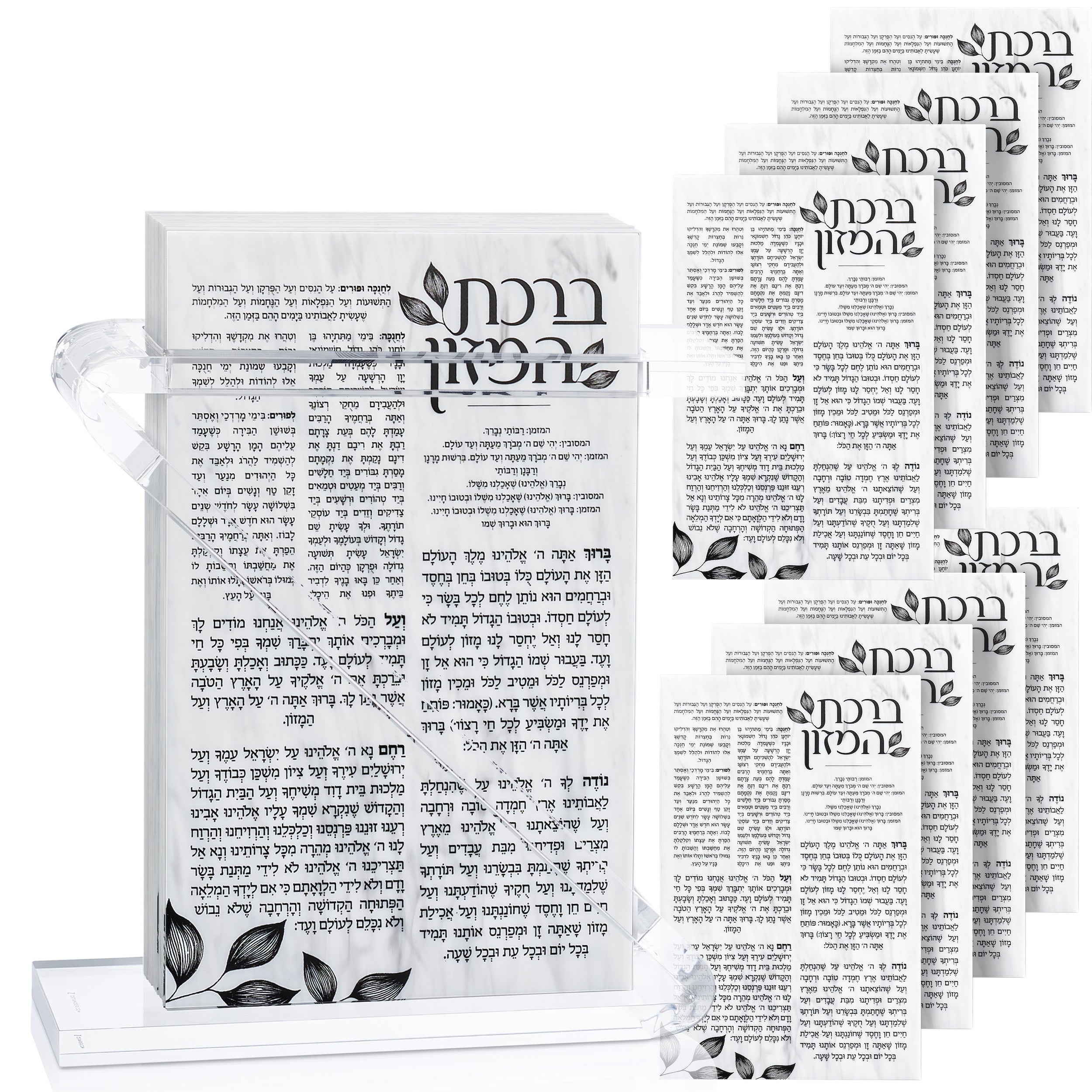 A set of clear lucite bencher holders with text inside, designed for use during various Jewish holidays.