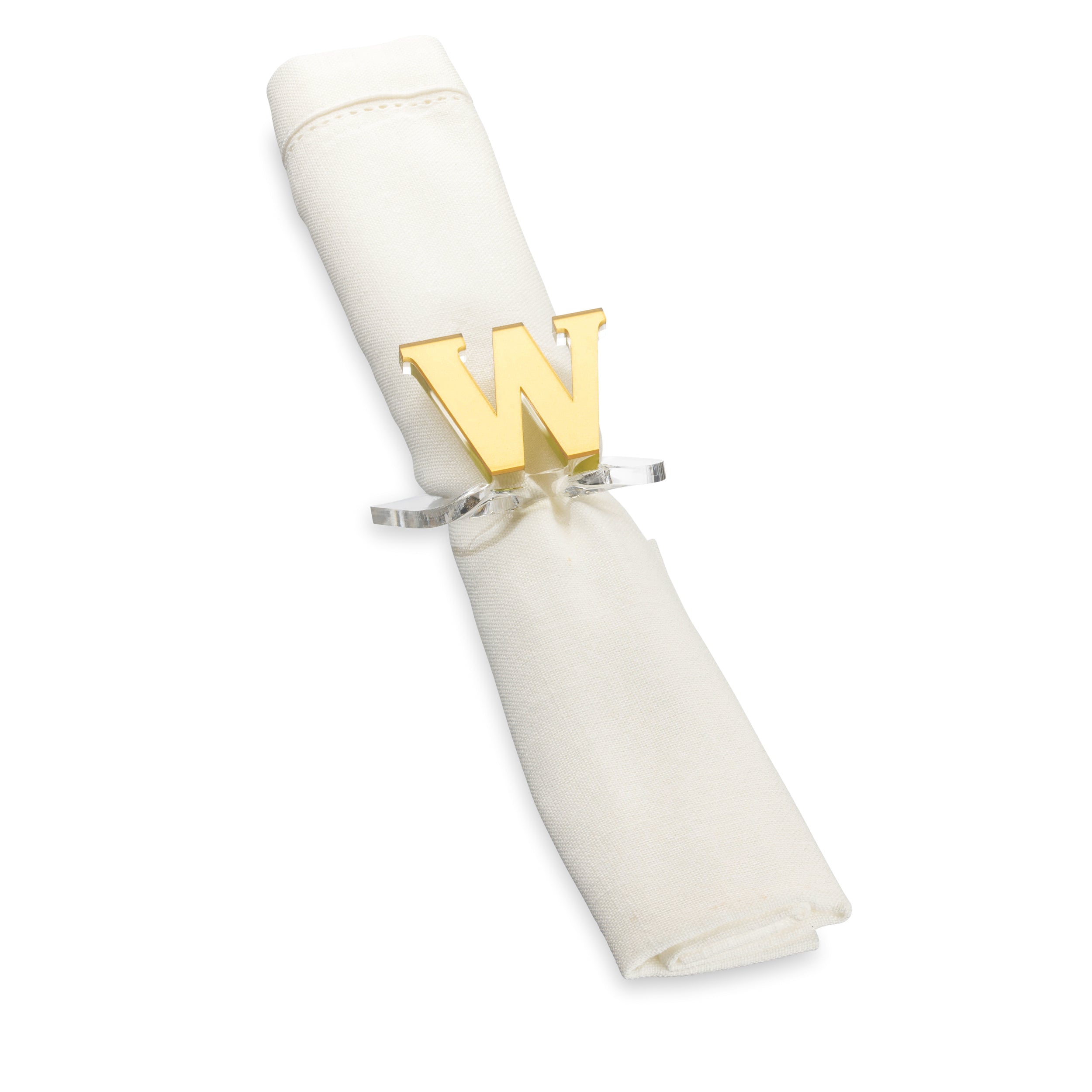 A clear lucite napkin ring with a monogrammed letter 'W' in gold - Zstander