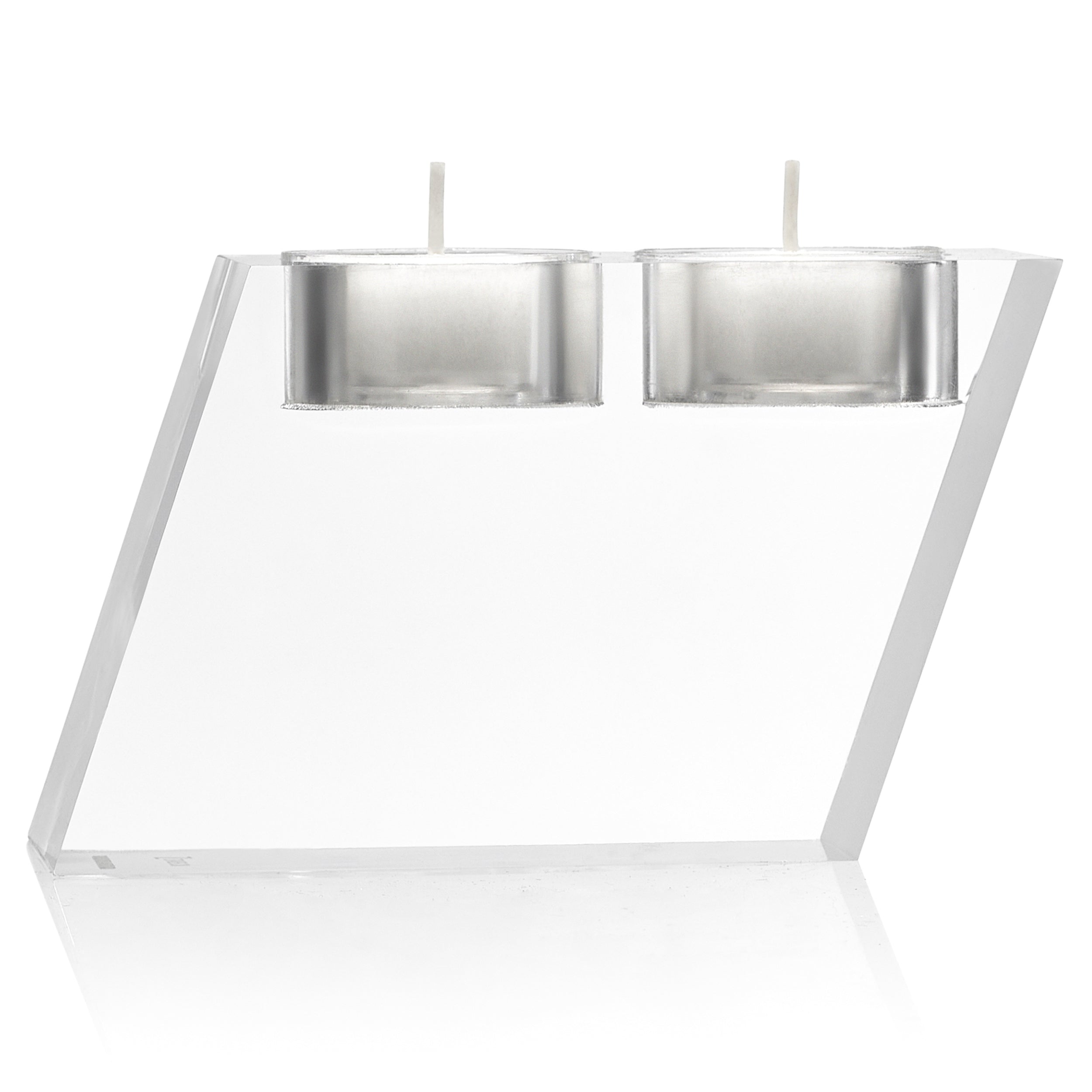 Modern angled lucite tea light holder with minimalist geometric design and dual silver tea lights for elegant tabletop décor - Zstander
