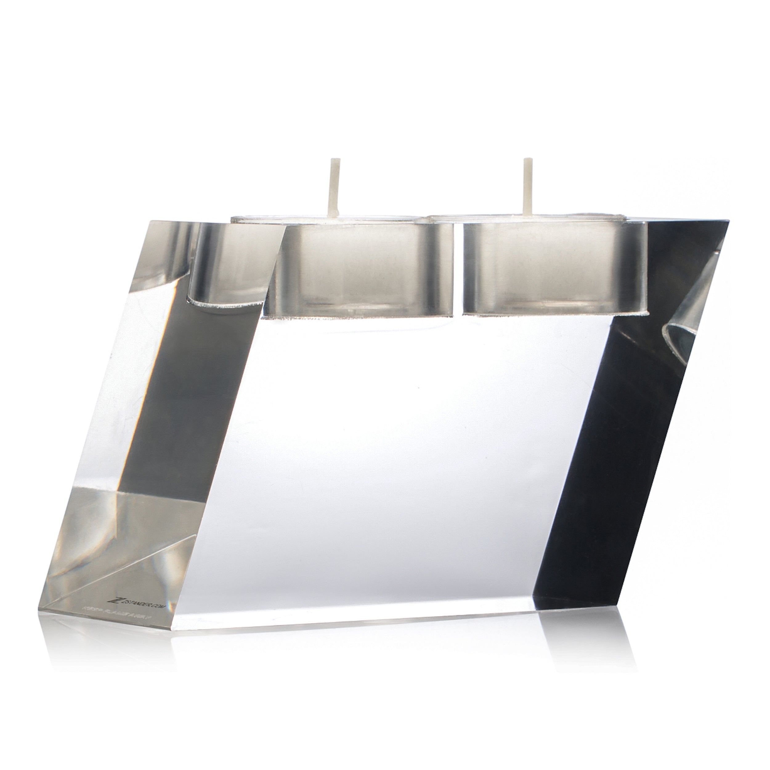 Modern angled lucite tea light holder with minimalist geometric design and dual silver tea lights for elegant tabletop décor - Zstander